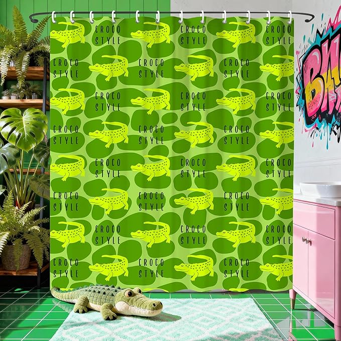 Cartoon Crocodile Shower Curtain,Green Cute Wild Animals Shower Curtains,Funny Waterproof Polyester Crocodile Bathroom Decor Accessories,72x72 in