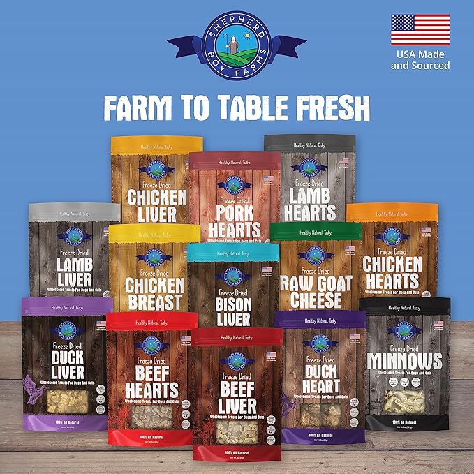 Shepherd Boy Farms Freeze Dried Chicken Hearts for Dogs & Cats - 100% Natural, Single-Ingredient Dog Treats & Cat Treats, High-Protein Organ Meat, Grain Free, Made in USA, 8oz
